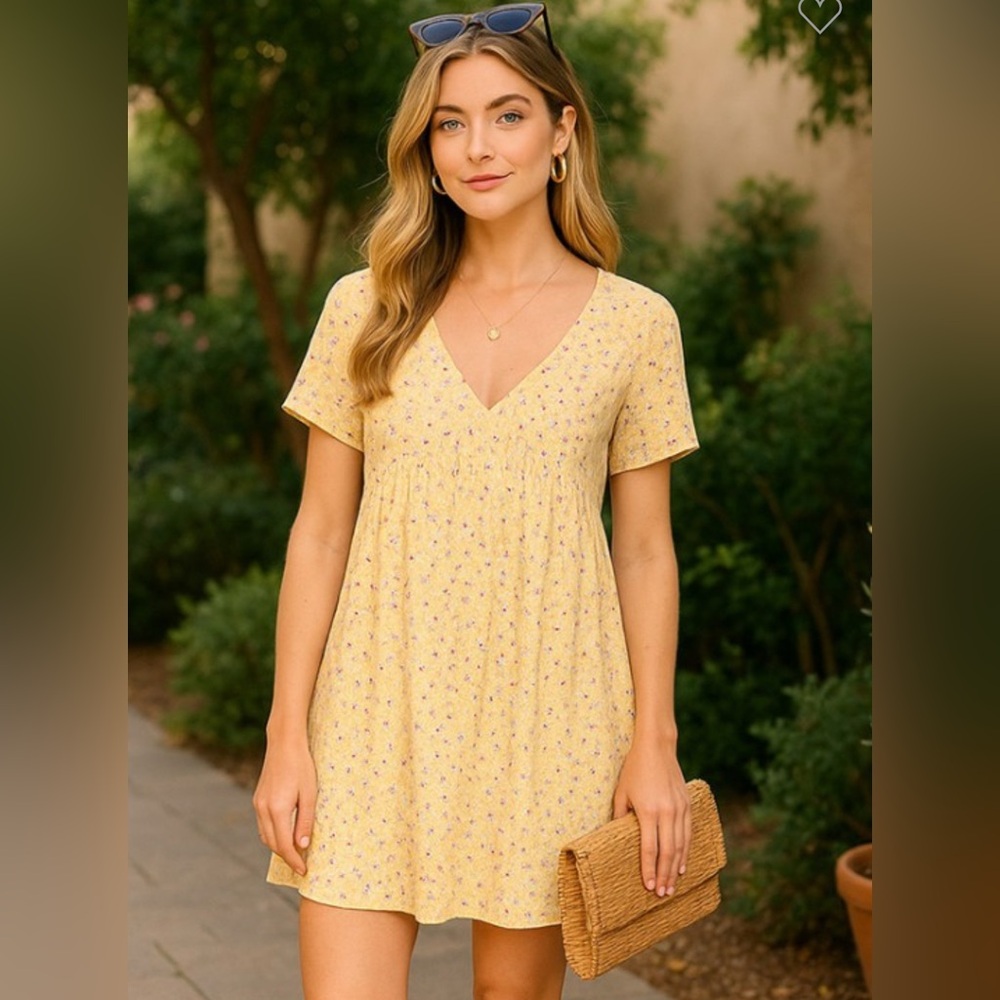 Yellow Floral Ribbed V-Neck Mini Dress